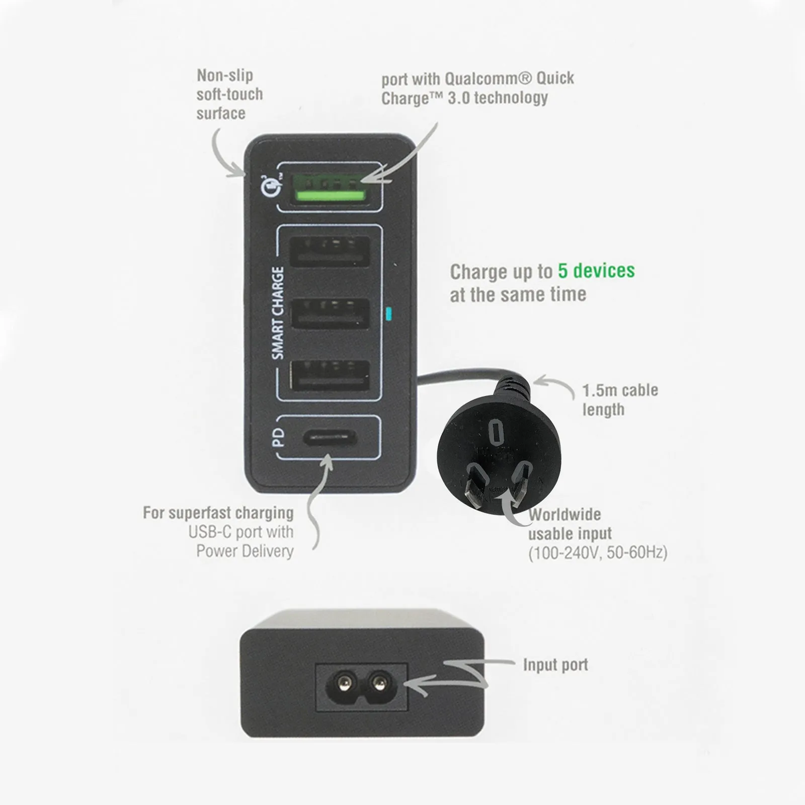 Stylish Charging Station USB Type A & C DC 5V/2.4A Max 60W