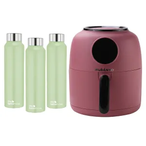 The Better Home FUMATO Aerochef Air fryer With Digital Touchscreen Panel 4.5L Pink & Stainless Steel Water Bottle 1 Litre Pack of 3Green