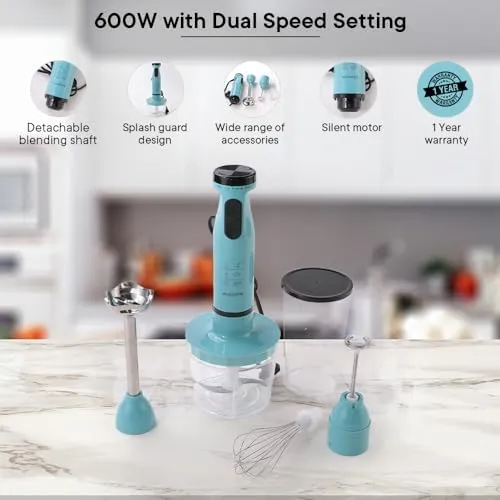 The Better Home FUMATO Turbo Pro 600W Electric Hand Blender 4-1 & Stainless Steel Water Bottle 1 Litre Light Blue