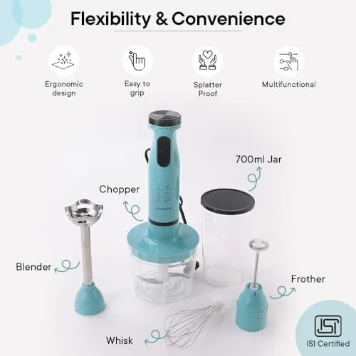 The Better Home FUMATO Turbo Pro 600W Electric Hand Blender 4-1 & Stainless Steel Water Bottle 1 Litre Light Blue