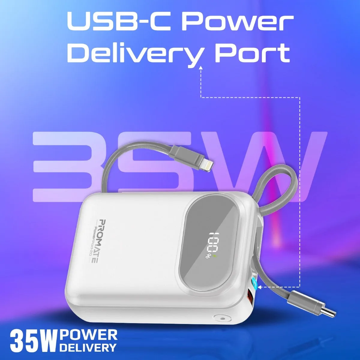 Ultra Compact 35W SuperSpeed™ Power Bank with Built-In USB-C & Lightning Cable