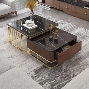 Welltrade Shoppee Modern Square Marble Finish Set of Coffee Table 2 Piece, Stacking Tea Table or Center Table with Drawer and Black Metal Frame Perfect for Living Room (Walnut Gold & Black)