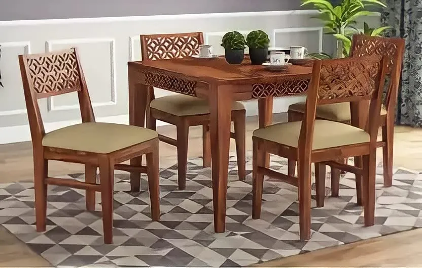 Wood World Furniture Sheesham Wood 4 Seater Dining Table with Cushion Chairs Four Seater Dining Room Furniture CNC Design Dinner Table for Living Room Home and Restaurant (Natural Finish)