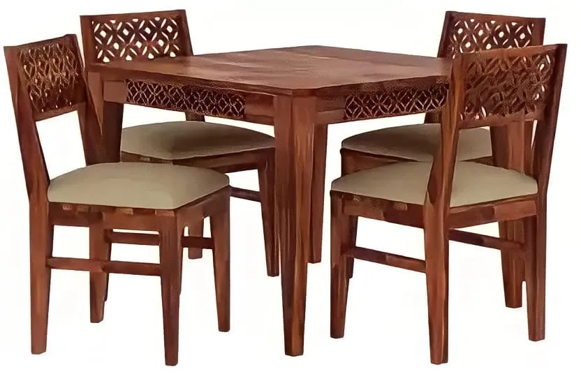 Wood World Furniture Sheesham Wood 4 Seater Dining Table with Cushion Chairs Four Seater Dining Room Furniture CNC Design Dinner Table for Living Room Home and Restaurant (Natural Finish)